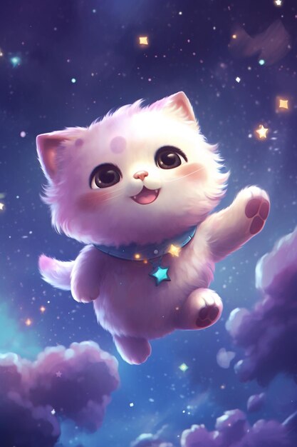 there is a cat flying through the sky with a star on its collar generative ai