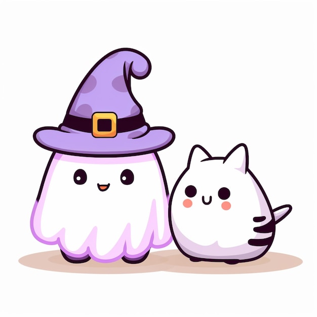 마녀 모자를 입은 고양이와 유령이 있습니다.