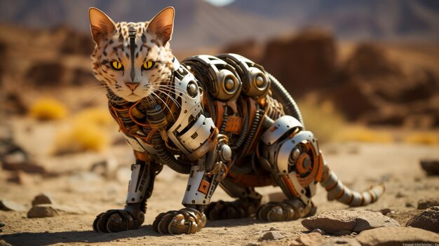 Foto c'è un gatto fatto di metallo e fili sul terreno generativo ai