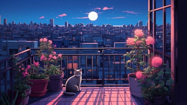 Photo there is a cat sitting on a balcony looking out at the city generative ai