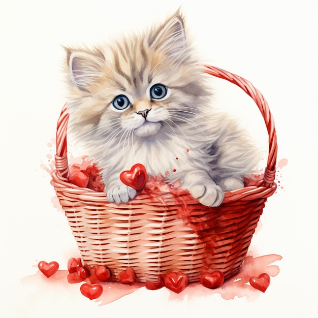 there is a cat sitting in a basket with hearts on the floor generative ai