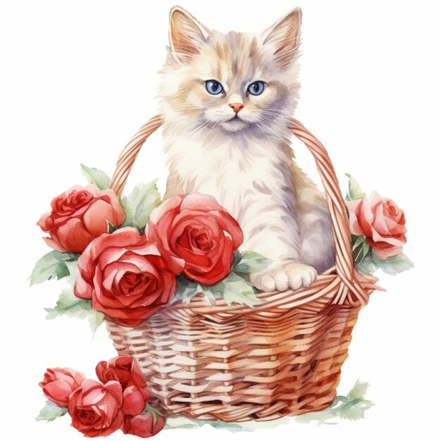 Photo there is a cat sitting in a basket with roses on it generative ai