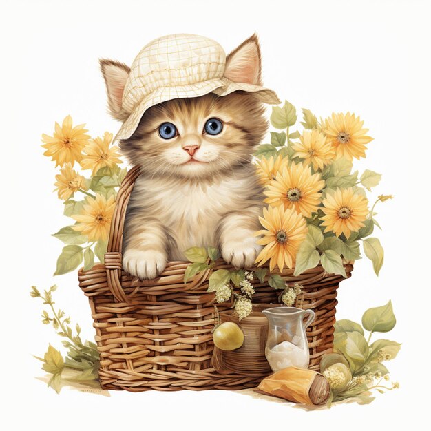 there is a cat sitting in a basket with sunflowers and nuts generative ai