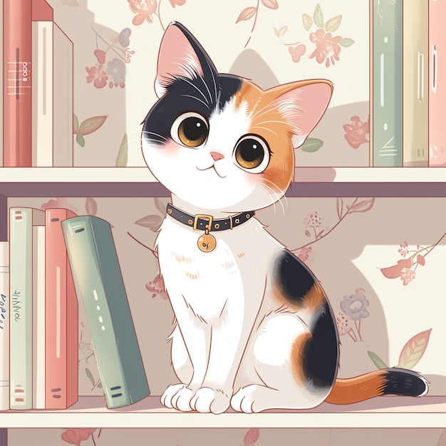 there is a cat sitting on a book shelf with books generative ai