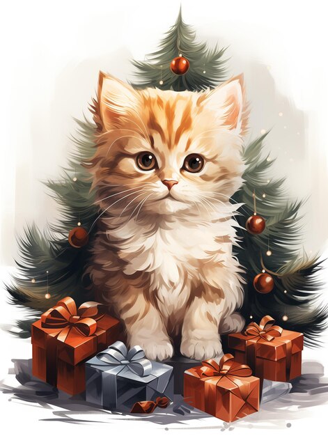 Есть кошка, сидящая рядом с рождественской елкой с подарками.