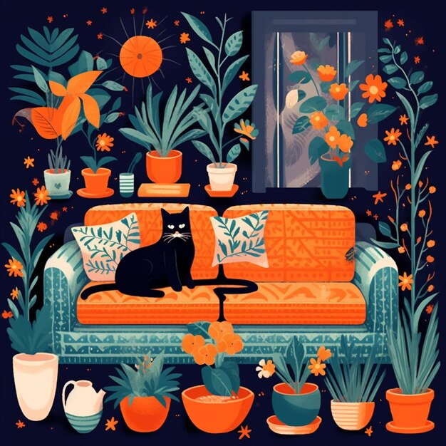 There is a cat sitting on a couch in a room with plants generative ai