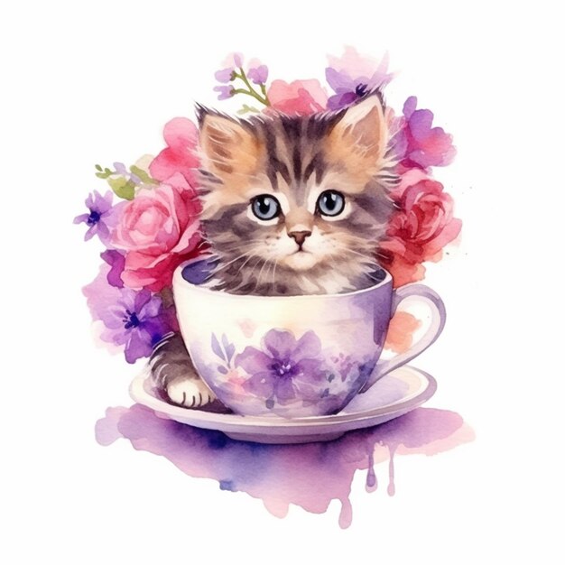 There is a cat sitting in a cup with flowers on it generative ai