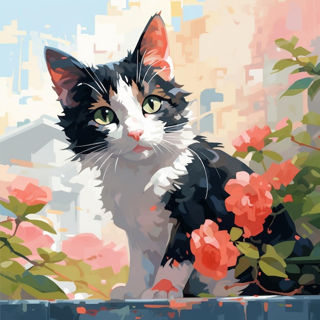 There is a cat sitting on a fence with flowers in the background generative ai