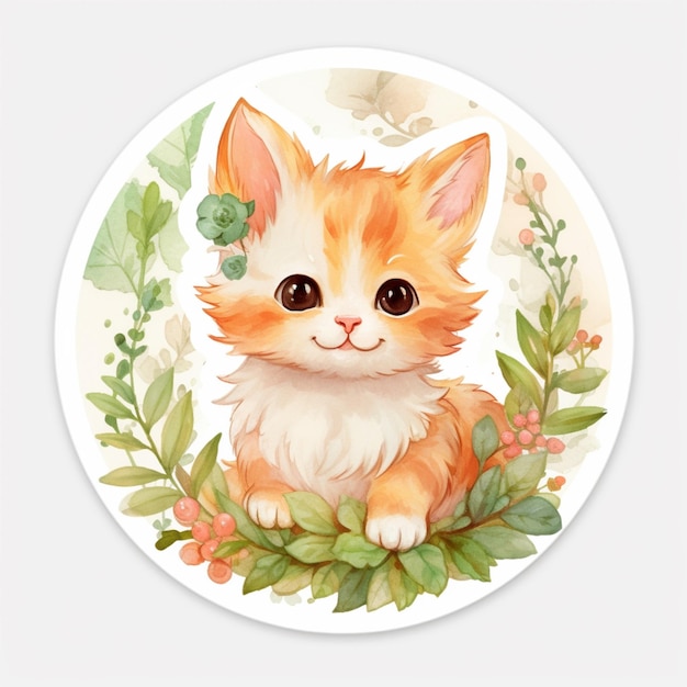 there is a cat sitting in a flowered circle with leaves generative ai