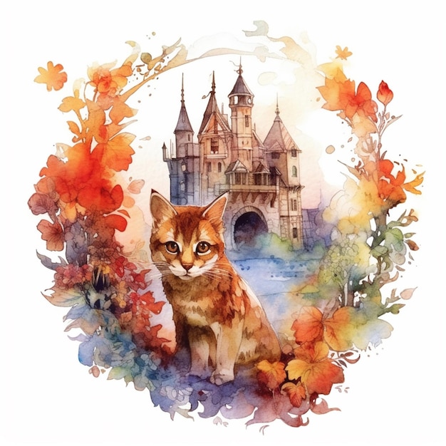 there is a cat sitting in front of a castle surrounded by flowers generative ai