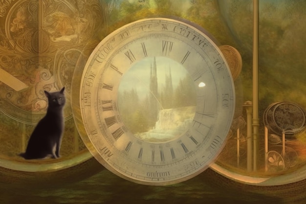 there is a cat sitting in front of a clock with a painting behind it generative ai