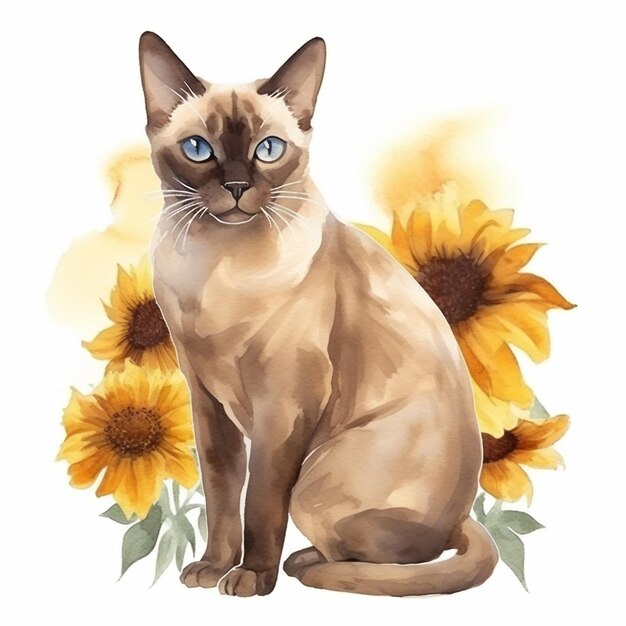 There is a cat sitting in front of a sunflowers generative ai