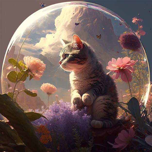 꽃이 있는 유리 그에 고양이가 앉아 있다.