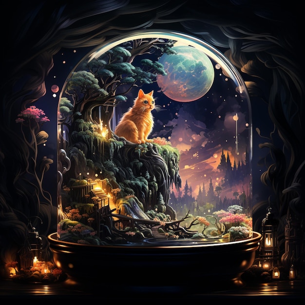 there is a cat sitting in a glass dome with a full moon in the background generative ai