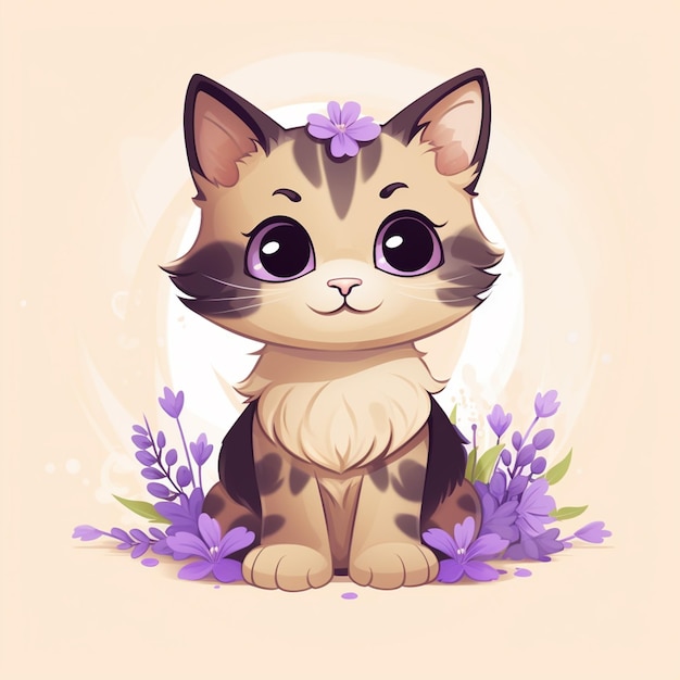 there is a cat sitting in the grass with flowers around it generative ai