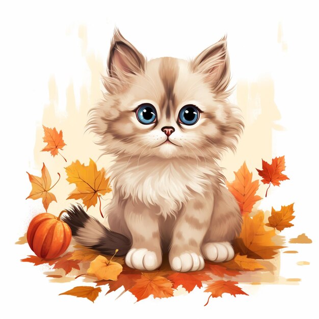 There is a cat sitting on the ground with leaves and a pumpkin generative ai