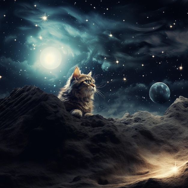 there is a cat sitting on a hill looking at the moon generative ai