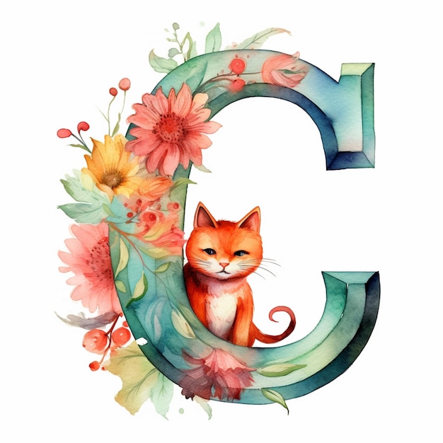 There is a cat sitting on the letter c with flowers generative ai