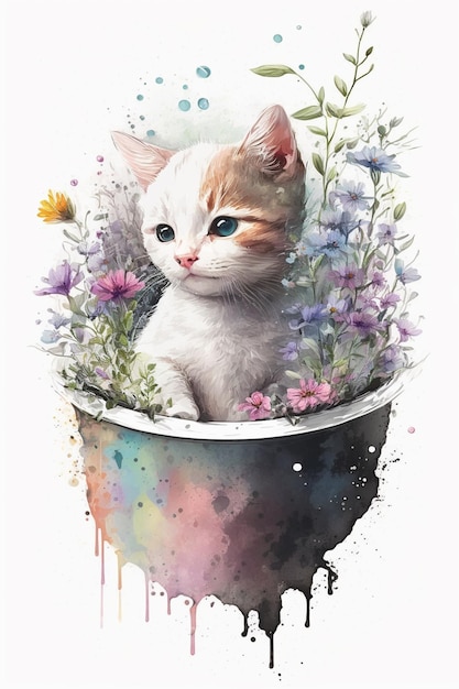 Photo there is a cat sitting in a pot with flowers on it generative ai