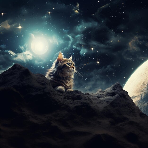 there is a cat sitting on a rock looking at the moon generative ai