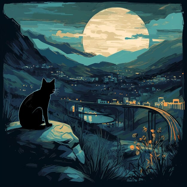 달 생성 AI를 바라보며 바위 위에 고양이가 앉아 있다