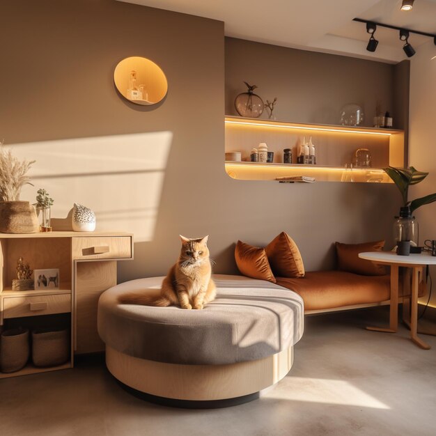 There is a cat sitting on a round ottoman in a living room generative ai