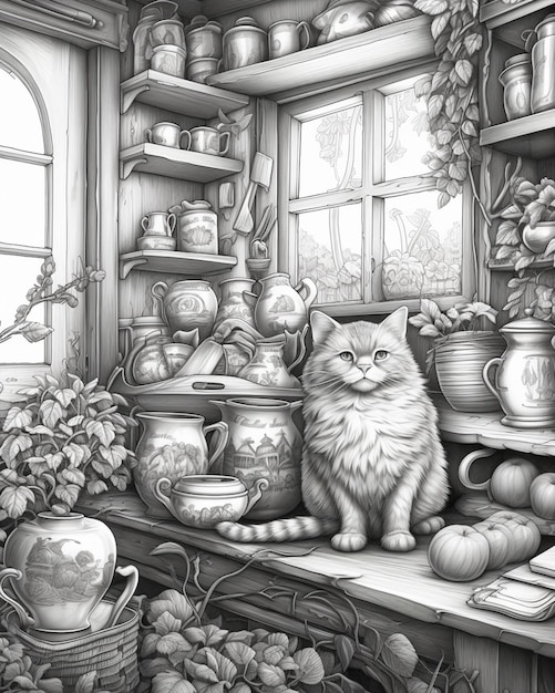 There is a cat sitting on a shelf in a kitchen generative ai