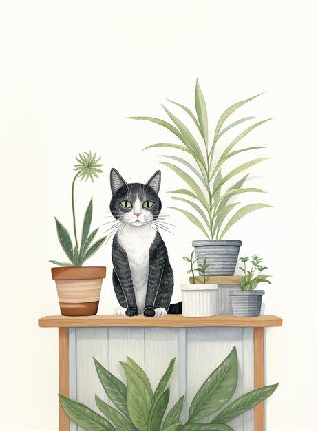 Photo there is a cat sitting on a shelf with potted plants generative ai