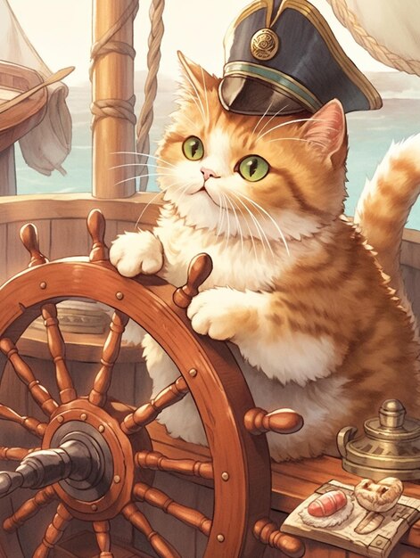 There is a cat sitting on a ship steering wheel with a ship in the background generative ai