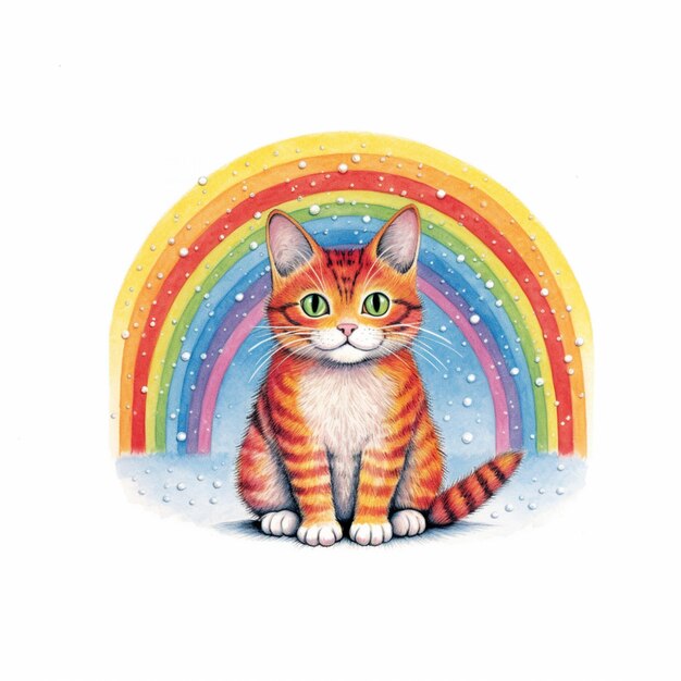 Photo there is a cat sitting in the snow with a rainbow in the background generative ai