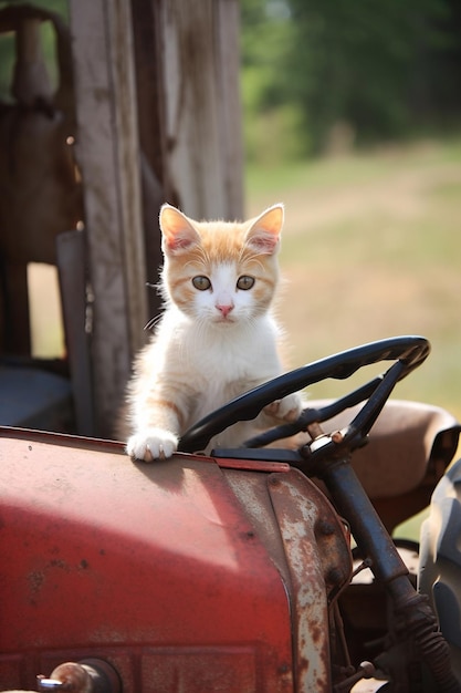 There is a cat sitting on the steering wheel of a tractor generative ai