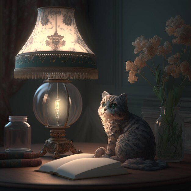 there is a cat sitting on a table next to a lamp generative ai