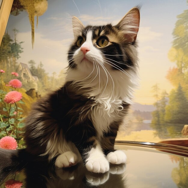 there is a cat sitting on a table with flowers in the background generative ai