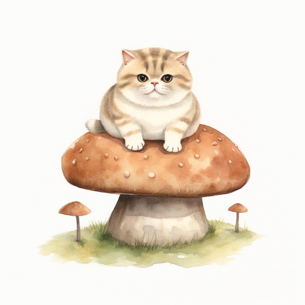 There is a cat sitting on top of a mushroom on the ground generative ai