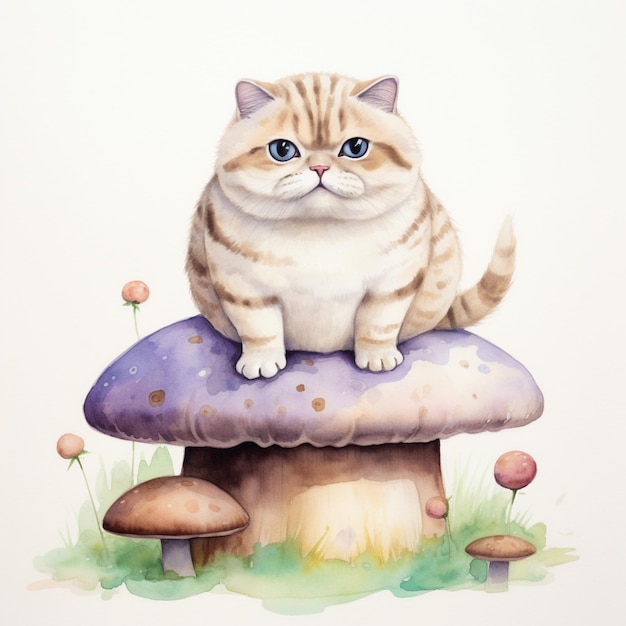 꽃생성 AI로 버섯 위에 고양이가 앉아있다