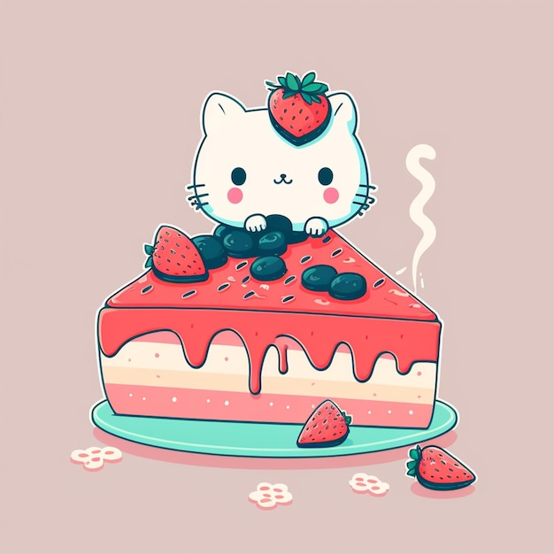 Photo there is a cat sitting on top of a strawberry cake generative ai