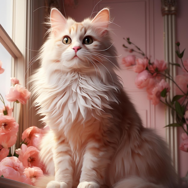 花を背景に窓枠に猫が座っている生成ai