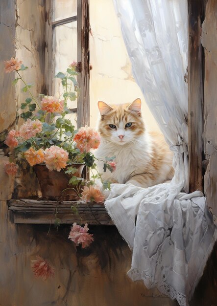 there is a cat sitting on a window sill with flowers generative ai