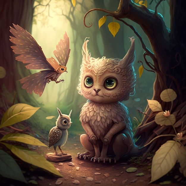 There is a cat sitting in the woods with a bird generative ai