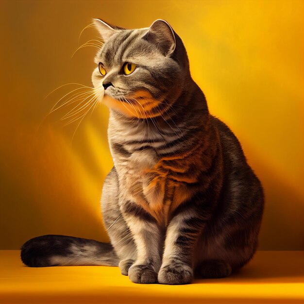 There is a cat sitting on a yellow surface looking up generative ai