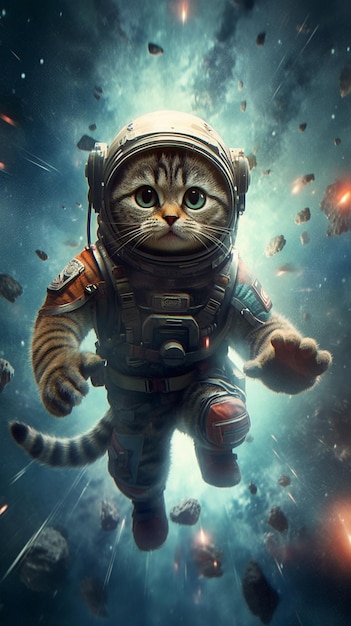 В воздухе парит кот в космическом скафандре, генерирующий ИИ