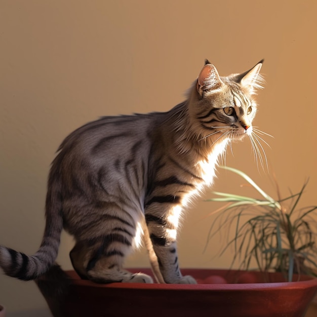 there is a cat standing on a bowl in a room generative ai