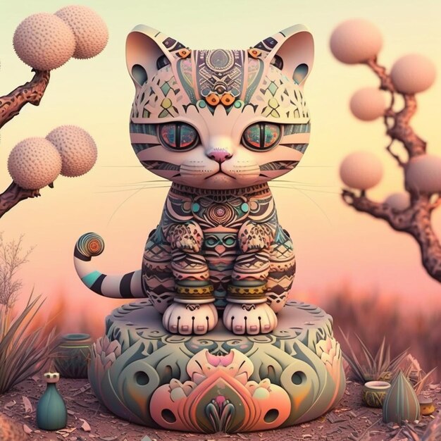 Photo there is a cat statue sitting on top of a flower pot generative ai