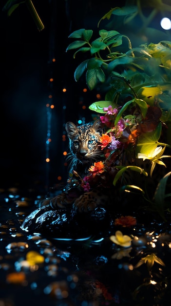 Foto c'è una statua di gatto nell'acqua con fiori e foglie generative ai