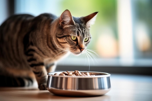 Photo there is a cat that is eating out of a bowl generative ai