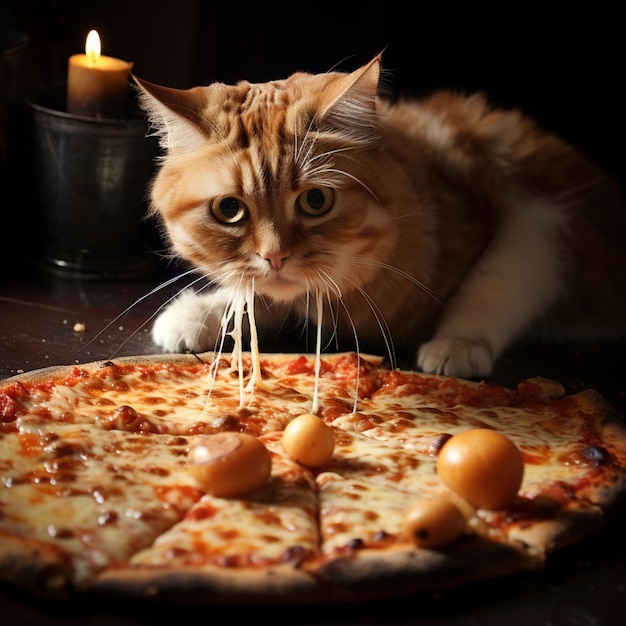 There is a cat that is eating a pizza on the table generative ai