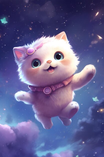 there is a cat that is flying in the sky with a bow generative ai