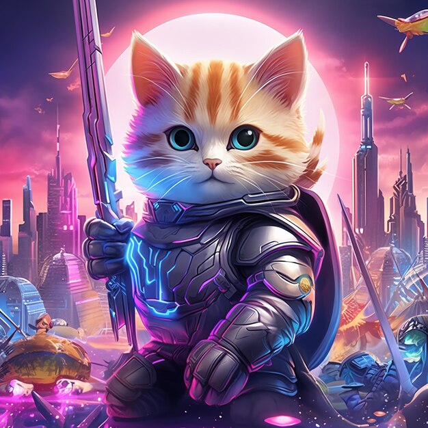 There is a cat that is holding a sword in a city generative ai