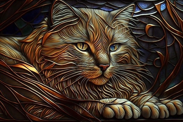 There is a cat that is laying down on a stained glass generative ai