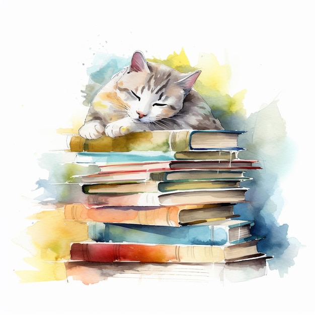 There is a cat that is laying on a pile of books generative ai